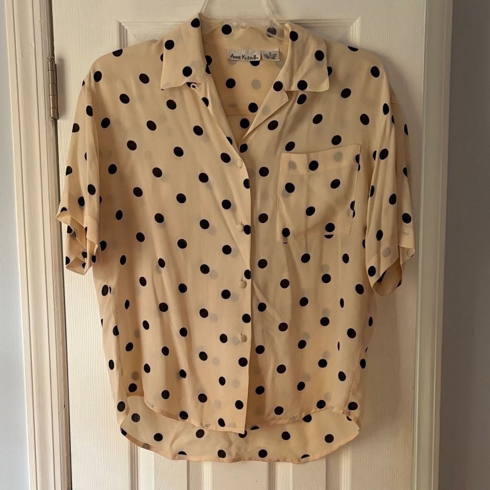 Anne Klein Cream and Black Polka Dot Blouse Size 10